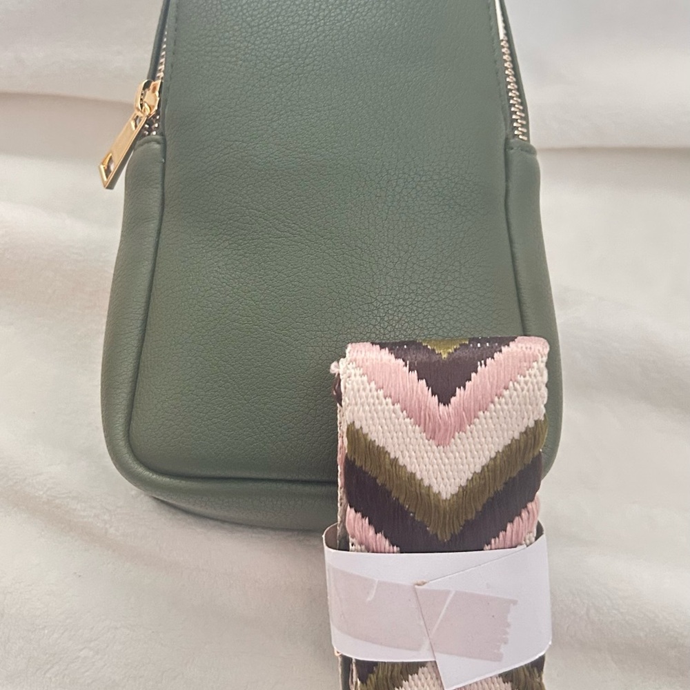 Elegant Olive Crossbody Bag with Patterned Strap